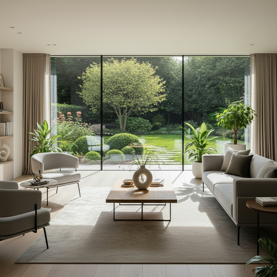 Sala moderna con ventanal y jardín exterior representando diseño de interiores y paisajismo