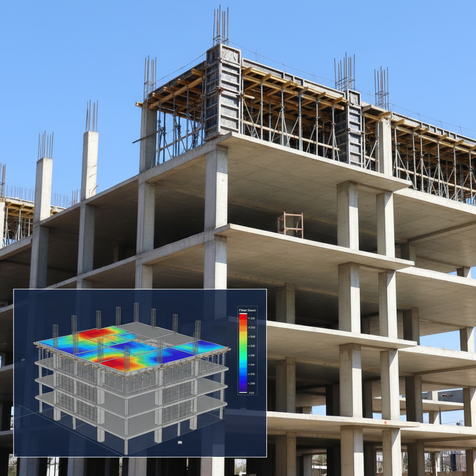 Modelo 3D de estructura de hormigón armado con análisis de esfuerzos y edificio en construcción
