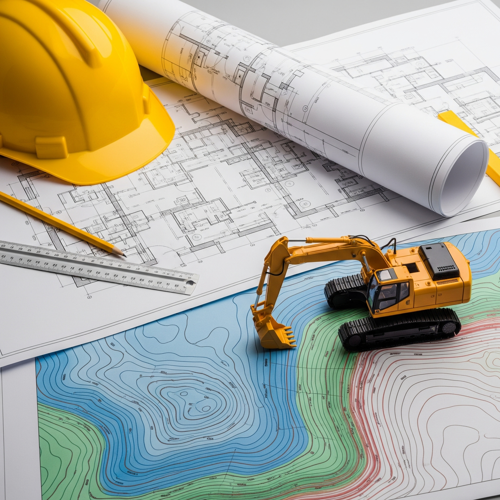 Excavadora sobre planos topográficos representando medición y planificación de movimiento de tierras