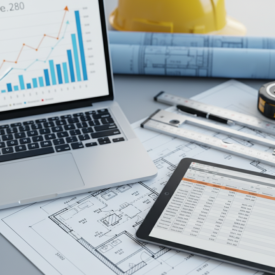 Portátil y tablet con presupuestos, sobre escritorio y planos arquitectónicos