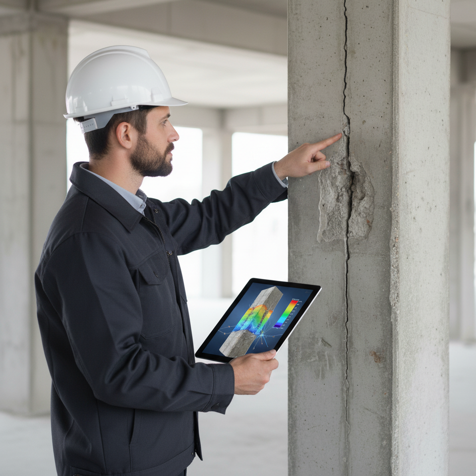 Ingeniero realizando peritaje estructural y diagnóstico de daños en columna de hormigón