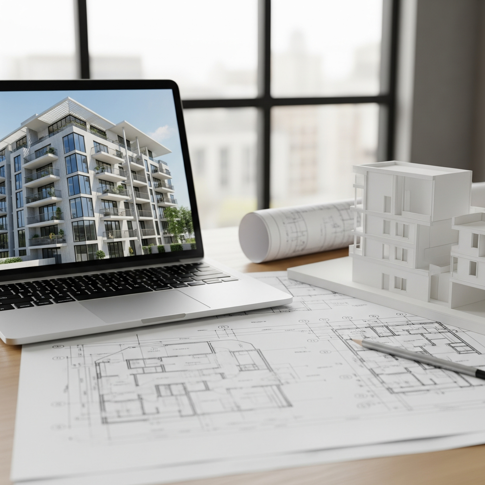 Planos arquitectónicos sobre escritorio con maqueta y ordenador portátil mostrando diseño de edificio